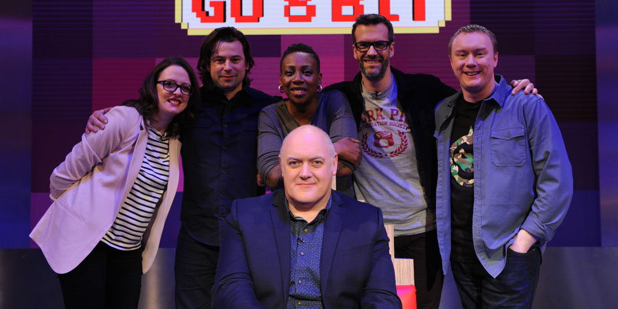 Dara O Briain's Go 8 Bit. Image shows from L to R: Ellie Gibson, Sam Pamphilon, Gina Yashere, Dara O Briain, Marcus Brigstocke, Steve McNeil. Copyright: DLT Entertainment Ltd.. Dara O Briain's Go 8 Bit. Image shows from L to R: Ellie Gibson, Sam Pamphilon, Gina Yashere, Dara O Briain, Marcus Brigstocke, Steve McNeil. Copyright: DLT Entertainment Ltd..
