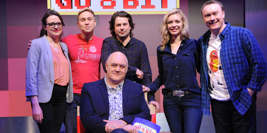Dara O Briain's Go 8 Bit. Image shows from L to R: Ellie Gibson, Russell Howard, Dara O Briain, Sam Pamphilon, Rachel Riley, Steve McNeil. Copyright: DLT Entertainment Ltd.. Dara O Briain's Go 8 Bit. Image shows from L to R: Ellie Gibson, Russell Howard, Dara O Briain, Sam Pamphilon, Rachel Riley, Steve McNeil. Copyright: DLT Entertainment Ltd..