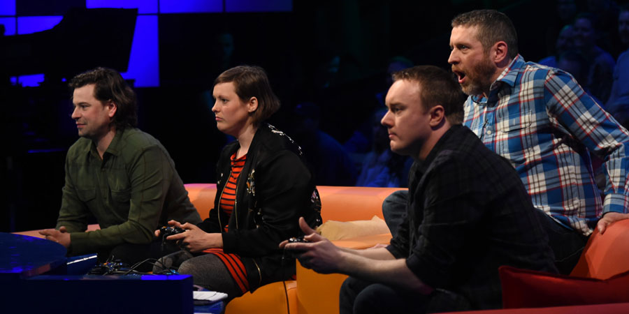 Dara O Briain's Go 8 Bit. Image shows from L to R: Sam Pamphilon, Josie Long, Steve McNeil, Dave Gorman. Copyright: DLT Entertainment Ltd.. Dara O Briain's Go 8 Bit. Image shows from L to R: Sam Pamphilon, Josie Long, Steve McNeil, Dave Gorman. Copyright: DLT Entertainment Ltd..