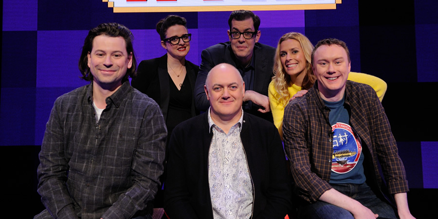 Dara O Briain's Go 8 Bit. Image shows from L to R: Sam Pamphilon, Ellie Gibson, Dara O Briain, Richard Osman, Sara Pascoe, Steve McNeil. Copyright: DLT Entertainment Ltd.. Dara O Briain's Go 8 Bit. Image shows from L to R: Sam Pamphilon, Ellie Gibson, Dara O Briain, Richard Osman, Sara Pascoe, Steve McNeil. Copyright: DLT Entertainment Ltd..