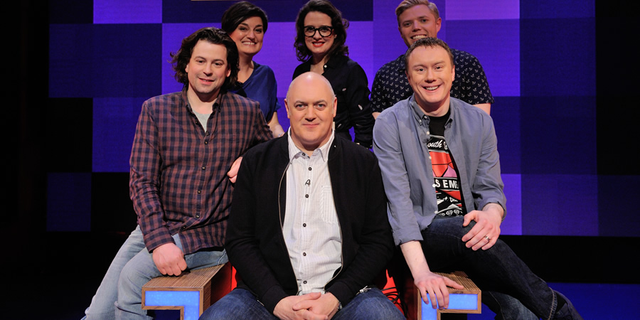 Dara O Briain's Go 8 Bit. Image shows from L to R: Sam Pamphilon, Zoe Lyons, Dara O Briain, Ellie Gibson, Rob Beckett, Steve McNeil. Copyright: DLT Entertainment Ltd.. Dara O Briain's Go 8 Bit. Image shows from L to R: Sam Pamphilon, Zoe Lyons, Dara O Briain, Ellie Gibson, Rob Beckett, Steve McNeil. Copyright: DLT Entertainment Ltd..