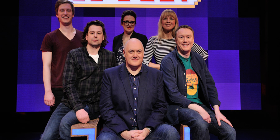 Dara O Briain's Go 8 Bit. Image shows from L to R: Daniel Sloss, Sam Pamphilon, Ellie Gibson, Dara O Briain, Sara Cox, Steve McNeil. Copyright: DLT Entertainment Ltd.. Dara O Briain's Go 8 Bit. Image shows from L to R: Daniel Sloss, Sam Pamphilon, Ellie Gibson, Dara O Briain, Sara Cox, Steve McNeil. Copyright: DLT Entertainment Ltd..