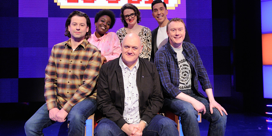 Dara O Briain's Go 8 Bit. Image shows from L to R: Sam Pamphilon, Lolly Adefope, Dara O Briain, Ellie Gibson, Russell Kane, Steve McNeil. Copyright: DLT Entertainment Ltd.. Dara O Briain's Go 8 Bit. Image shows from L to R: Sam Pamphilon, Lolly Adefope, Dara O Briain, Ellie Gibson, Russell Kane, Steve McNeil. Copyright: DLT Entertainment Ltd..