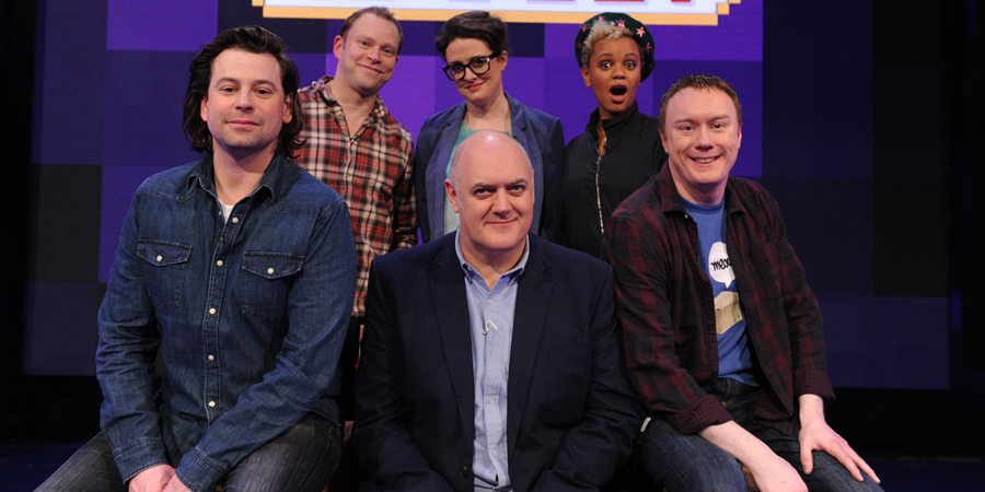 Dara O Briain's Go 8 Bit. Image shows from L to R: Sam Pamphilon, Robert Webb, Dara O Briain, Ellie Gibson, Gemma Cairney, Steve McNeil. Copyright: DLT Entertainment Ltd.. Dara O Briain's Go 8 Bit. Image shows from L to R: Sam Pamphilon, Robert Webb, Dara O Briain, Ellie Gibson, Gemma Cairney, Steve McNeil. Copyright: DLT Entertainment Ltd..