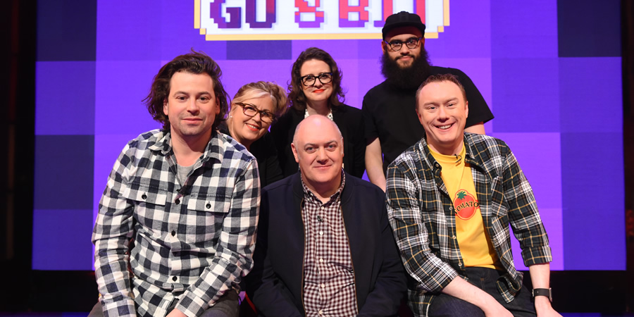 Dara O Briain's Go 8 Bit. Image shows from L to R: Sam Pamphilon, Liza Tarbuck, Ellie Gibson, Dara O Briain, Jamali Maddix, Steve McNeil. Copyright: DLT Entertainment Ltd.. Dara O Briain's Go 8 Bit. Image shows from L to R: Sam Pamphilon, Liza Tarbuck, Ellie Gibson, Dara O Briain, Jamali Maddix, Steve McNeil. Copyright: DLT Entertainment Ltd..