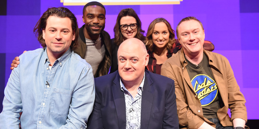 Dara O Briain's Go 8 Bit. Image shows from L to R: Sam Pamphilon, Ore Oduba, Dara O Briain, Ellie Gibson, Kerry Howard, Steve McNeil. Copyright: DLT Entertainment Ltd.. Dara O Briain's Go 8 Bit. Image shows from L to R: Sam Pamphilon, Ore Oduba, Dara O Briain, Ellie Gibson, Kerry Howard, Steve McNeil. Copyright: DLT Entertainment Ltd..