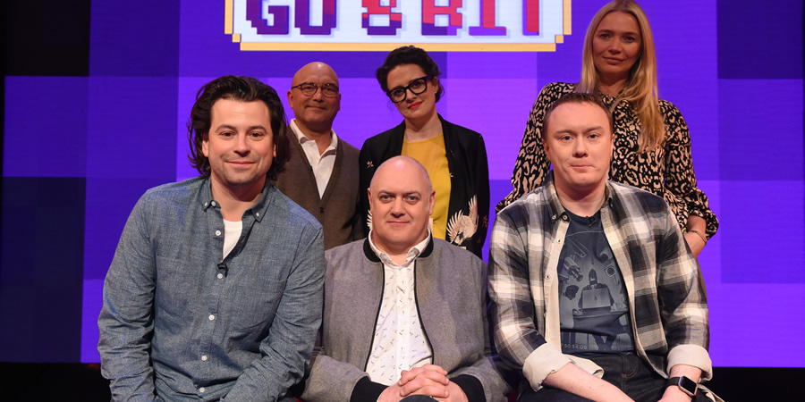 Dara O Briain's Go 8 Bit. Image shows from L to R: Sam Pamphilon, Gregg Wallace, Dara O Briain, Ellie Gibson, Steve McNeil, Jodie Kidd. Copyright: DLT Entertainment Ltd.. Dara O Briain's Go 8 Bit. Image shows from L to R: Sam Pamphilon, Gregg Wallace, Dara O Briain, Ellie Gibson, Steve McNeil, Jodie Kidd. Copyright: DLT Entertainment Ltd..