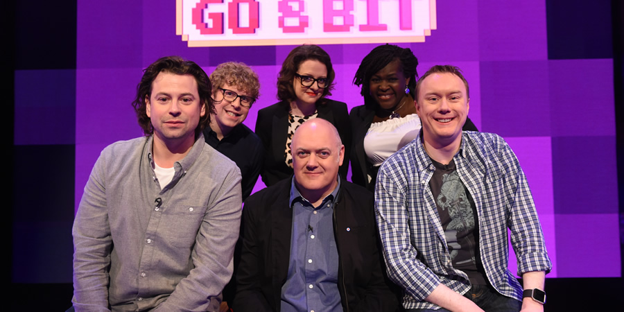 Dara O Briain's Go 8 Bit. Image shows from L to R: Sam Pamphilon, Josh Widdicombe, Steve McNeil, Dara O Briain, Maggie Aderin-Pocock, Steve McNeil. Copyright: DLT Entertainment Ltd.. Dara O Briain's Go 8 Bit. Image shows from L to R: Sam Pamphilon, Josh Widdicombe, Steve McNeil, Dara O Briain, Maggie Aderin-Pocock, Steve McNeil. Copyright: DLT Entertainment Ltd..