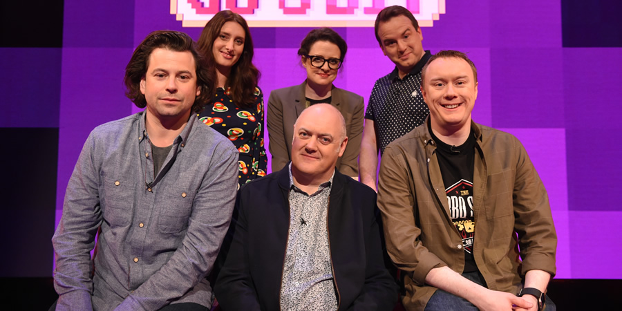 Dara O Briain's Go 8 Bit. Image shows from L to R: Sam Pamphilon, Jessica Knappett, Ellie Gibson, Dara O Briain, Matt Forde, Steve McNeil. Copyright: DLT Entertainment Ltd.. Dara O Briain's Go 8 Bit. Image shows from L to R: Sam Pamphilon, Jessica Knappett, Ellie Gibson, Dara O Briain, Matt Forde, Steve McNeil. Copyright: DLT Entertainment Ltd..