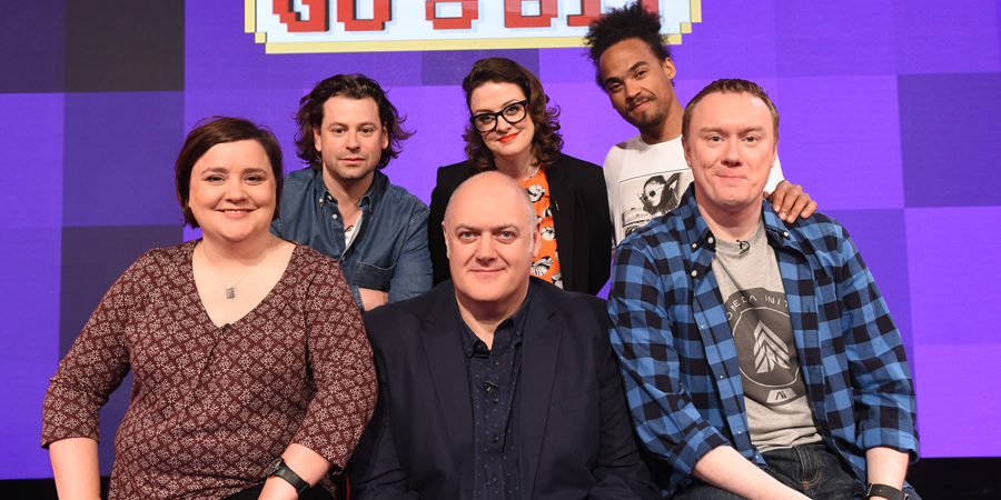 Dara O Briain's Go 8 Bit. Image shows from L to R: Susan Calman, Sam Pamphilon, Dara O Briain, Ellie Gibson, Devin Griffin, Steve McNeil. Copyright: DLT Entertainment Ltd.. Dara O Briain's Go 8 Bit. Image shows from L to R: Susan Calman, Sam Pamphilon, Dara O Briain, Ellie Gibson, Devin Griffin, Steve McNeil. Copyright: DLT Entertainment Ltd..