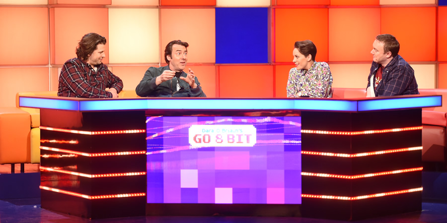Dara O Briain's Go 8 Bit. Image shows from L to R: Sam Pamphilon, Jonathan Ross, Suzi Ruffell, Steve McNeil. Copyright: DLT Entertainment Ltd.. Dara O Briain's Go 8 Bit. Image shows from L to R: Sam Pamphilon, Jonathan Ross, Suzi Ruffell, Steve McNeil. Copyright: DLT Entertainment Ltd..
