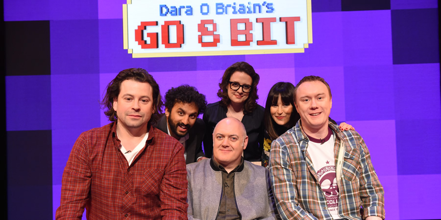Dara O Briain's Go 8 Bit. Image shows from L to R: Sam Pamphilon, Nish Kumar, Dara O Briain, Ellie Gibson, Anna Richardson, Steve McNeil. Copyright: DLT Entertainment Ltd.. Dara O Briain's Go 8 Bit. Image shows from L to R: Sam Pamphilon, Nish Kumar, Dara O Briain, Ellie Gibson, Anna Richardson, Steve McNeil. Copyright: DLT Entertainment Ltd..