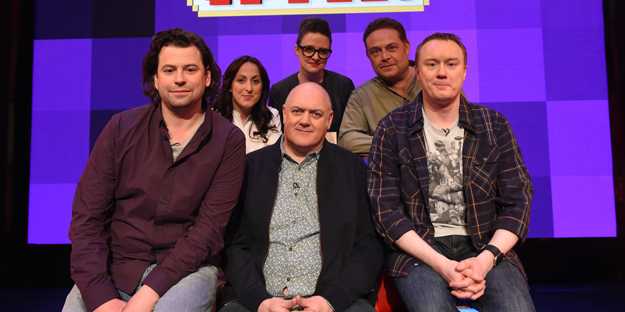 Dara O Briain's Go 8 Bit. Image shows from L to R: Sam Pamphilon, Natalie Cassidy, Dara O Briain, Ellie Gibson, John Thomson, Steve McNeil. Copyright: DLT Entertainment Ltd.. Dara O Briain's Go 8 Bit. Image shows from L to R: Sam Pamphilon, Natalie Cassidy, Dara O Briain, Ellie Gibson, John Thomson, Steve McNeil. Copyright: DLT Entertainment Ltd..