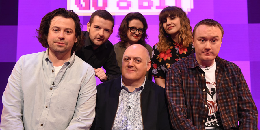 Dara O Briain's Go 8 Bit. Image shows from L to R: Sam Pamphilon, Kevin Bridges, Dara O Briain, Ellie Gibson, Natasia Demetriou, Steve McNeil. Copyright: DLT Entertainment Ltd.. Dara O Briain's Go 8 Bit. Image shows from L to R: Sam Pamphilon, Kevin Bridges, Dara O Briain, Ellie Gibson, Natasia Demetriou, Steve McNeil. Copyright: DLT Entertainment Ltd..