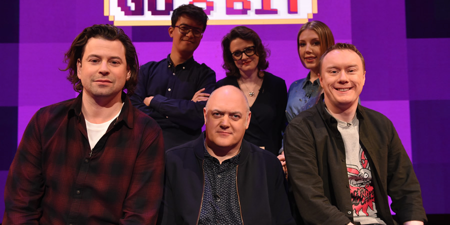 Dara O Briain's Go 8 Bit. Image shows from L to R: Sam Pamphilon, Phil Wang, Dara O Briain, Ellie Gibson, Katherine Ryan, Steve McNeil. Copyright: DLT Entertainment Ltd.. Dara O Briain's Go 8 Bit. Image shows from L to R: Sam Pamphilon, Phil Wang, Dara O Briain, Ellie Gibson, Katherine Ryan, Steve McNeil. Copyright: DLT Entertainment Ltd..