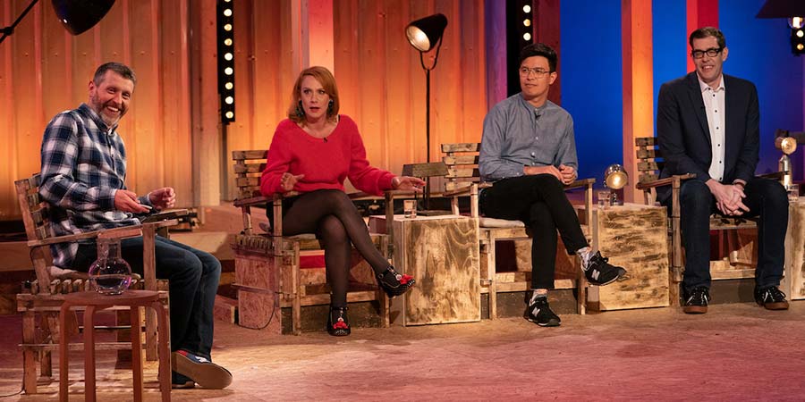 Dave Gorman: Terms And Conditions Apply. Image shows from L to R: Dave Gorman, Sara Barron, Phil Wang, Richard Osman. Copyright: Avalon Television. Dave Gorman: Terms And Conditions Apply. Image shows from L to R: Dave Gorman, Sara Barron, Phil Wang, Richard Osman. Copyright: Avalon Television.