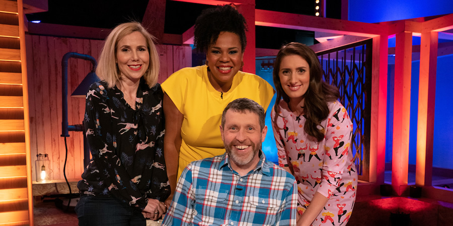 Dave Gorman: Terms And Conditions Apply. Image shows from L to R: Sally Phillips, Desiree Burch, Dave Gorman, Jessica Knappett. Copyright: Avalon Television. Dave Gorman: Terms And Conditions Apply. Image shows from L to R: Sally Phillips, Desiree Burch, Dave Gorman, Jessica Knappett. Copyright: Avalon Television.