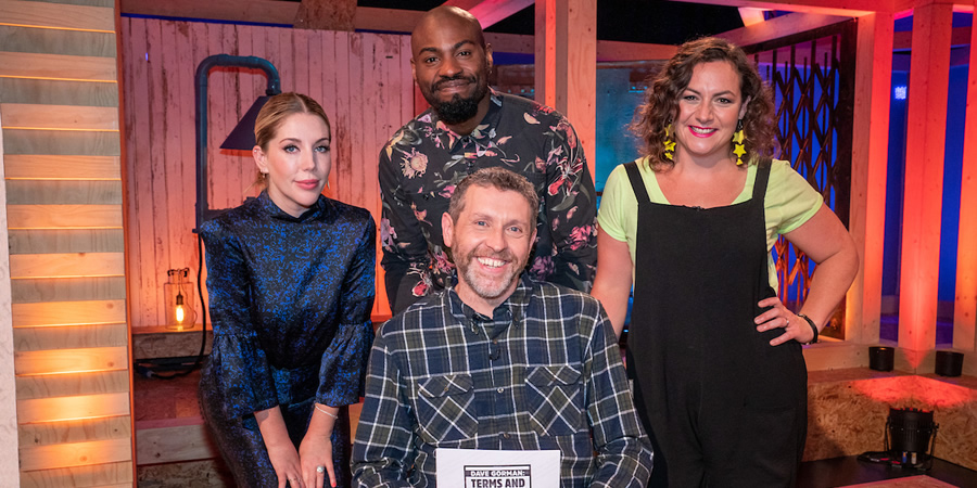 Dave Gorman: Terms And Conditions Apply. Image shows from L to R: Katherine Ryan, Darren Harriott, Dave Gorman, Jessica Fostekew. Copyright: Avalon Television. Dave Gorman: Terms And Conditions Apply. Image shows from L to R: Katherine Ryan, Darren Harriott, Dave Gorman, Jessica Fostekew. Copyright: Avalon Television.