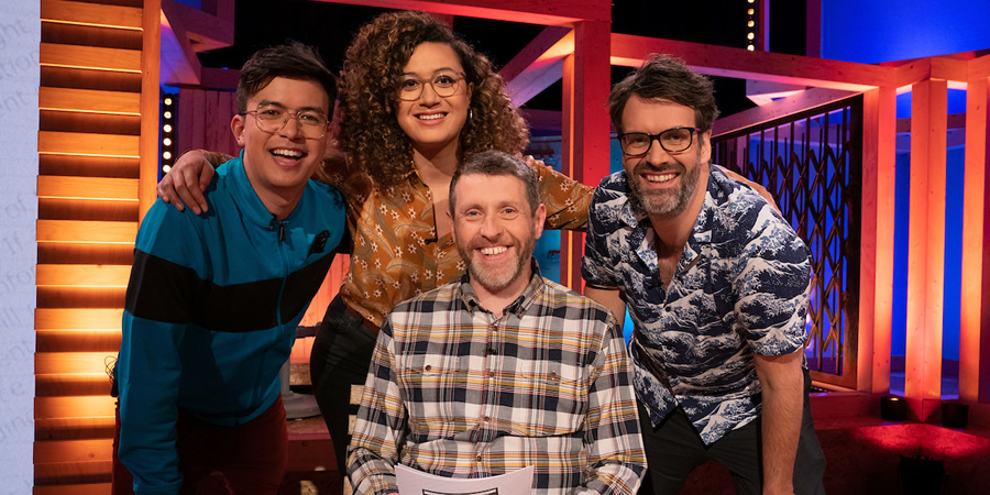 Dave Gorman: Terms And Conditions Apply. Image shows from L to R: Phil Wang, Rose Matafeo, Dave Gorman, Marcus Brigstocke. Copyright: Avalon Television. Dave Gorman: Terms And Conditions Apply. Image shows from L to R: Phil Wang, Rose Matafeo, Dave Gorman, Marcus Brigstocke. Copyright: Avalon Television.