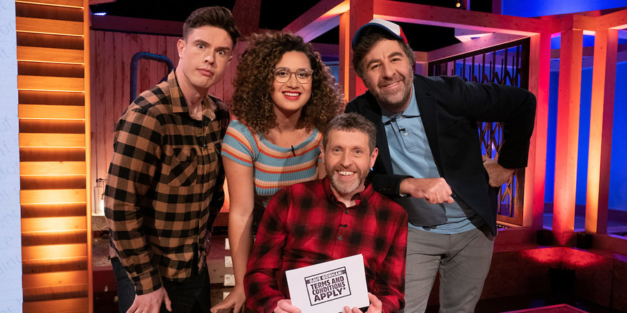 Dave Gorman: Terms And Conditions Apply. Image shows from L to R: Ed Gamble, Rose Matafeo, Dave Gorman, David O'Doherty. Copyright: Avalon Television. Dave Gorman: Terms And Conditions Apply. Image shows from L to R: Ed Gamble, Rose Matafeo, Dave Gorman, David O'Doherty. Copyright: Avalon Television.