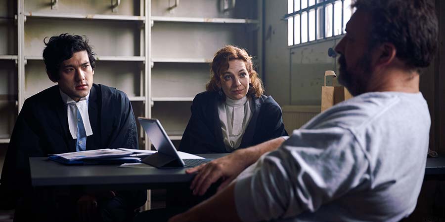 Defending The Guilty. Image shows from L to R: Will Packham (Will Sharpe), Caroline Bratt (Katherine Parkinson), Mike (Ian Burfield). Copyright: Big Talk Productions. Defending The Guilty. Image shows from L to R: Will Packham (Will Sharpe), Caroline Bratt (Katherine Parkinson), Mike (Ian Burfield). Copyright: Big Talk Productions.
