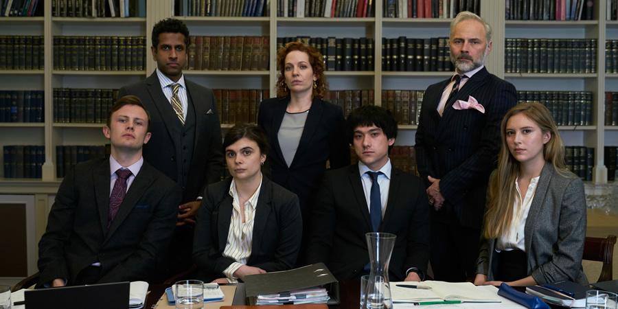 Defending The Guilty. Image shows from L to R: Liam (Hugh Coles), Ashley (Prasanna Puwanarajah), Danielle (Gwyneth Keyworth), Caroline Bratt (Katherine Parkinson), Will Packham (Will Sharpe), Miles (Mark Bonnar), Pia (Hanako Footman). Copyright: Big Talk Productions. Defending The Guilty. Image shows from L to R: Liam (Hugh Coles), Ashley (Prasanna Puwanarajah), Danielle (Gwyneth Keyworth), Caroline Bratt (Katherine Parkinson), Will Packham (Will Sharpe), Miles (Mark Bonnar), Pia (Hanako Footman). Copyright: Big Talk Productions.