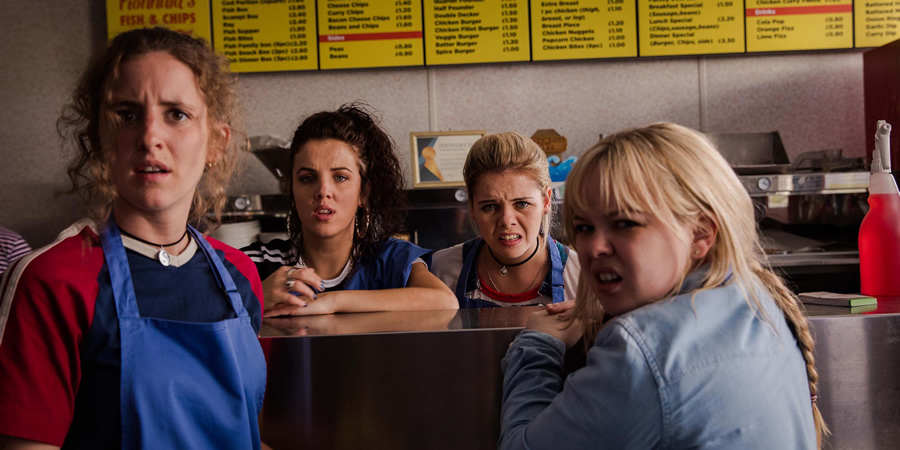 Derry Girls. Image shows from L to R: Orla McCool (Louisa Harland), Michelle Mallon (Jamie-Lee O'Donnell), Erin Quinn (Saoirse-Monica Jackson), Clare Devlin (Nicola Coughlan). Copyright: Hat Trick Productions. Derry Girls. Image shows from L to R: Orla McCool (Louisa Harland), Michelle Mallon (Jamie-Lee O'Donnell), Erin Quinn (Saoirse-Monica Jackson), Clare Devlin (Nicola Coughlan). Copyright: Hat Trick Productions.