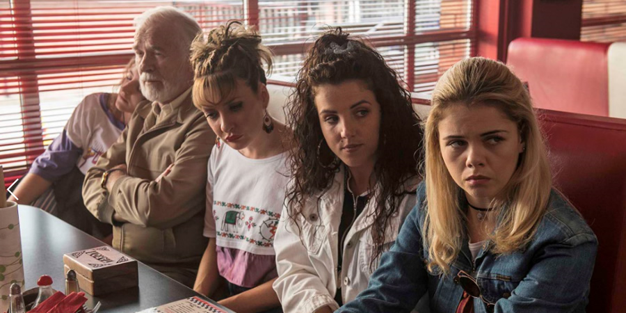 Derry Girls. Image shows from L to R: Orla McCool (Louisa Harland), Granda Joe (Ian McElhinney), Aunt Sarah (Kathy Kiera Clarke), Michelle Mallon (Jamie-Lee O'Donnell), Erin Quinn (Saoirse-Monica Jackson). Copyright: Hat Trick Productions. Derry Girls. Image shows from L to R: Orla McCool (Louisa Harland), Granda Joe (Ian McElhinney), Aunt Sarah (Kathy Kiera Clarke), Michelle Mallon (Jamie-Lee O'Donnell), Erin Quinn (Saoirse-Monica Jackson). Copyright: Hat Trick Productions.