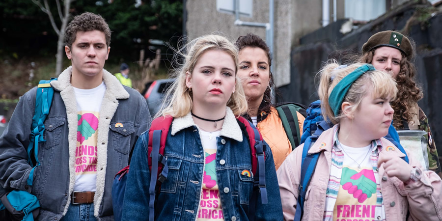 Derry Girls. Image shows from L to R: James Maguire (Dylan Llewellyn), Erin Quinn (Saoirse-Monica Jackson), Michelle Mallon (Jamie-Lee O'Donnell), Clare Devlin (Nicola Coughlan), Orla McCool (Louisa Harland). Copyright: Hat Trick Productions. Derry Girls. Image shows from L to R: James Maguire (Dylan Llewellyn), Erin Quinn (Saoirse-Monica Jackson), Michelle Mallon (Jamie-Lee O'Donnell), Clare Devlin (Nicola Coughlan), Orla McCool (Louisa Harland). Copyright: Hat Trick Productions.