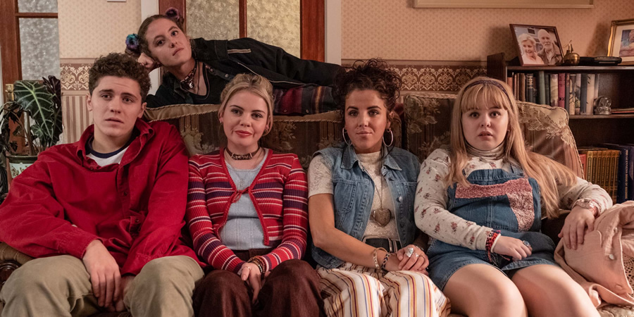 Derry Girls. Image shows from L to R: James Maguire (Dylan Llewellyn), Orla McCool (Louisa Harland), Erin Quinn (Saoirse-Monica Jackson), Michelle Mallon (Jamie-Lee O'Donnell), Clare Devlin (Nicola Coughlan). Copyright: Hat Trick Productions. Derry Girls. Image shows from L to R: James Maguire (Dylan Llewellyn), Orla McCool (Louisa Harland), Erin Quinn (Saoirse-Monica Jackson), Michelle Mallon (Jamie-Lee O'Donnell), Clare Devlin (Nicola Coughlan). Copyright: Hat Trick Productions.
