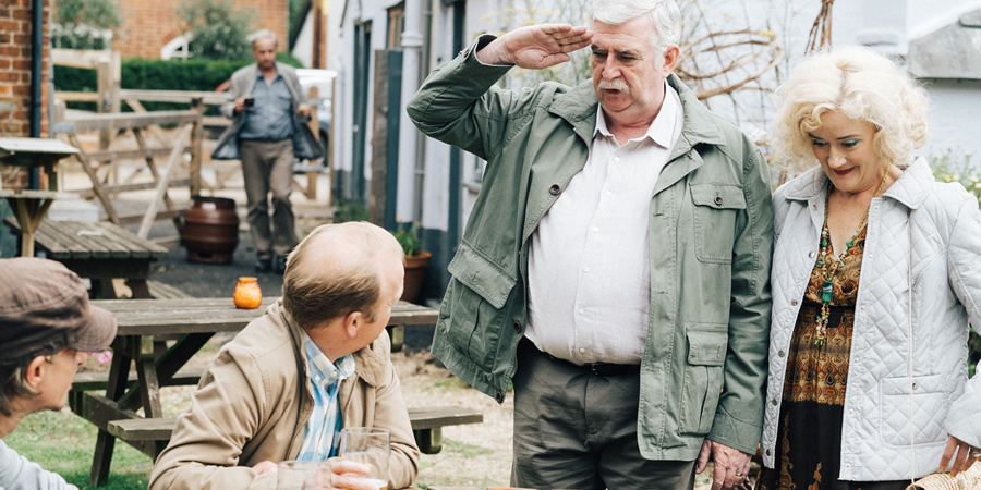 Detectorists. Image shows from L to R: Andy Stone (Mackenzie Crook), Lance Stater (Toby Jones), Terry (Gerard Horan), Sheila (Sophie Thompson). Detectorists. Image shows from L to R: Andy Stone (Mackenzie Crook), Lance Stater (Toby Jones), Terry (Gerard Horan), Sheila (Sophie Thompson).
