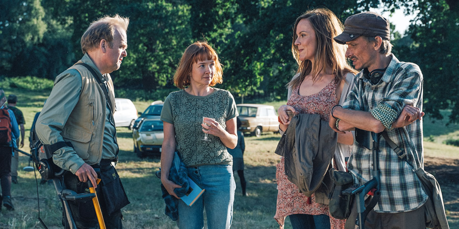 Detectorists. Image shows from L to R: Lance Stater (Toby Jones), Toni (Rebecca Callard), Becky (Rachael Stirling), Andy Stone (Mackenzie Crook). Detectorists. Image shows from L to R: Lance Stater (Toby Jones), Toni (Rebecca Callard), Becky (Rachael Stirling), Andy Stone (Mackenzie Crook).