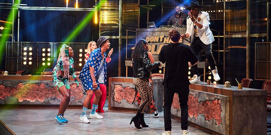 Don't Hate The Playaz. Image shows from L to R: Lady Leshurr, Katherine Ryan, Jordan Stephens, London Hughes, Roman Kemp, Hen Dogg Williams. Don't Hate The Playaz. Image shows from L to R: Lady Leshurr, Katherine Ryan, Jordan Stephens, London Hughes, Roman Kemp, Hen Dogg Williams.