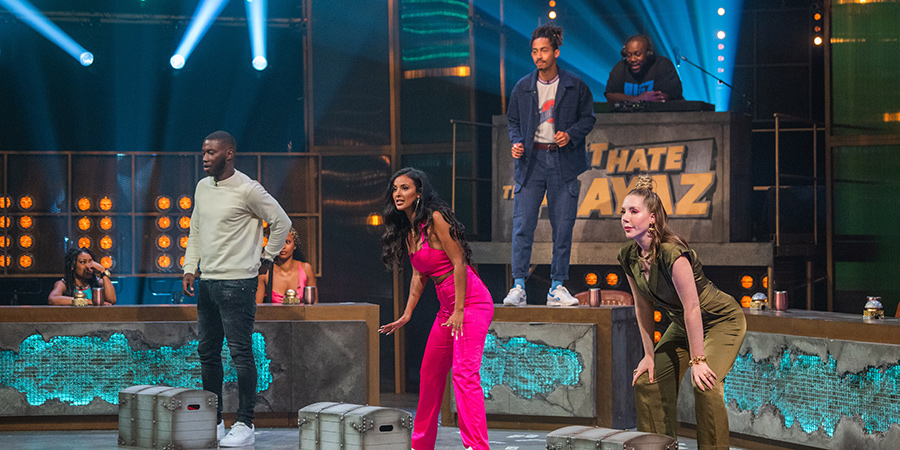 Don't Hate The Playaz. Image shows from L to R: Lady Leshurr, Harry Pinero, Maya Jama, Jordan Stephens, Shortee Blitz, Katherine Ryan. Copyright: Monkey Kingdom. Don't Hate The Playaz. Image shows from L to R: Lady Leshurr, Harry Pinero, Maya Jama, Jordan Stephens, Shortee Blitz, Katherine Ryan. Copyright: Monkey Kingdom.