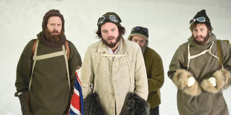 Drunk History. Image shows from L to R: Edward Wilson (Tim Downie), Captain Robert Falcon Scott (Mathew Horne), Lawrence Oates (Matthew Steer). Copyright: Tiger Aspect Productions. Drunk History. Image shows from L to R: Edward Wilson (Tim Downie), Captain Robert Falcon Scott (Mathew Horne), Lawrence Oates (Matthew Steer). Copyright: Tiger Aspect Productions.