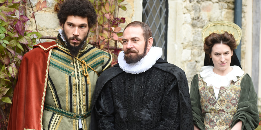 Drunk History. Image shows from L to R: Gilbert Gifford (Joel Fry), Frances Walsingham (Alexander Kirk), Elizabeth's Courtier (Sarah Daykin). Copyright: Tiger Aspect Productions. Drunk History. Image shows from L to R: Gilbert Gifford (Joel Fry), Frances Walsingham (Alexander Kirk), Elizabeth's Courtier (Sarah Daykin). Copyright: Tiger Aspect Productions.