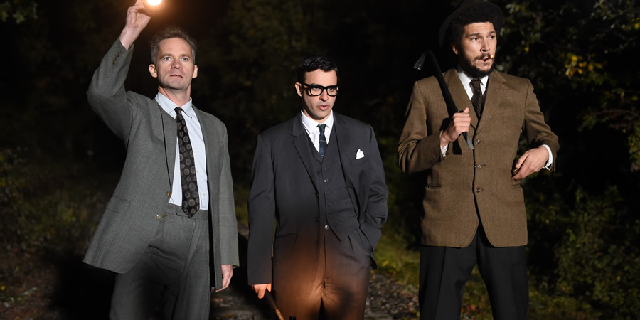 Drunk History. Image shows from L to R: Roger Cordrey (Seb Cardinal), Bruce Reynolds (Simon Bird), Gordon Goody (Joel Fry). Copyright: Tiger Aspect Productions. Drunk History. Image shows from L to R: Roger Cordrey (Seb Cardinal), Bruce Reynolds (Simon Bird), Gordon Goody (Joel Fry). Copyright: Tiger Aspect Productions.