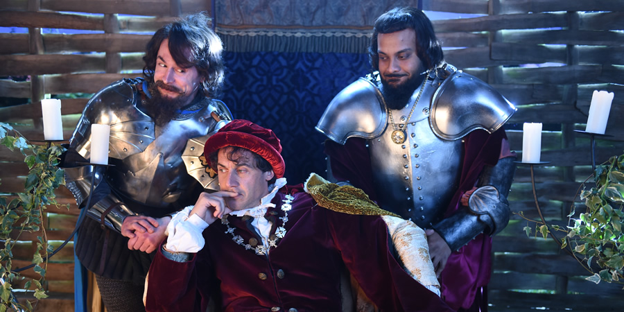 Drunk History. Image shows from L to R: Charles d'Albret (Mike Wozniak), Charles VI (Dustin Demri-Burns), Marshal Boucicaut (Guz Khan). Copyright: Tiger Aspect Productions. Drunk History. Image shows from L to R: Charles d'Albret (Mike Wozniak), Charles VI (Dustin Demri-Burns), Marshal Boucicaut (Guz Khan). Copyright: Tiger Aspect Productions.
