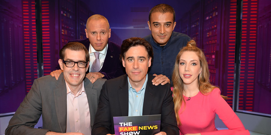 The Fake News Show. Image shows from L to R: Richard Osman, Robert Rinder, Stephen Mangan, Adil Ray, Katherine Ryan. Copyright: Hat Trick Productions. The Fake News Show. Image shows from L to R: Richard Osman, Robert Rinder, Stephen Mangan, Adil Ray, Katherine Ryan. Copyright: Hat Trick Productions.