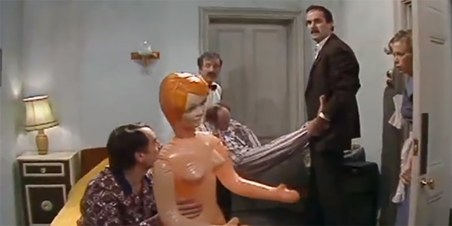 Fawlty Towers. Image shows from L to R: Mr Ingrams (Charles McKeown), Manuel (Andrew Sachs), Mr Leeman (Derek Royle), Basil Fawlty (John Cleese), Polly (Connie Booth). Copyright: BBC. Fawlty Towers. Image shows from L to R: Mr Ingrams (Charles McKeown), Manuel (Andrew Sachs), Mr Leeman (Derek Royle), Basil Fawlty (John Cleese), Polly (Connie Booth). Copyright: BBC.