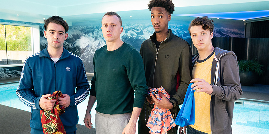 The First Team. Image shows from L to R: Jack Turner (Jack McMullen), Petey Brooks (Theo Barklem-Biggs), Benji Achebe (Shaquille Ali-Yebuah), Mattie Sullivan (Jake Short). Copyright: Fudge Park. The First Team. Image shows from L to R: Jack Turner (Jack McMullen), Petey Brooks (Theo Barklem-Biggs), Benji Achebe (Shaquille Ali-Yebuah), Mattie Sullivan (Jake Short). Copyright: Fudge Park.