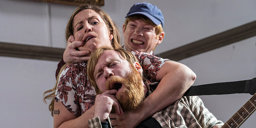 Frank Of Ireland. Image shows from L to R: Nicola (Liz Fitzgibbon), Frank (Brian Gleeson), Doofus (Domhnall Gleeson). Copyright: Merman. Frank Of Ireland. Image shows from L to R: Nicola (Liz Fitzgibbon), Frank (Brian Gleeson), Doofus (Domhnall Gleeson). Copyright: Merman.