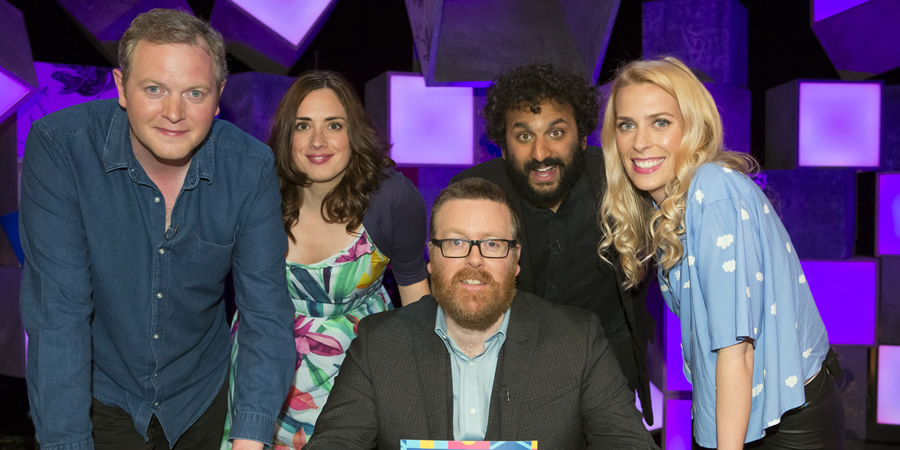 Frankie Boyle's New World Order. Image shows from L to R: Miles Jupp, Lucy Prebble, Frankie Boyle, Nish Kumar, Sara Pascoe. Copyright: Zeppotron. Frankie Boyle's New World Order. Image shows from L to R: Miles Jupp, Lucy Prebble, Frankie Boyle, Nish Kumar, Sara Pascoe. Copyright: Zeppotron.