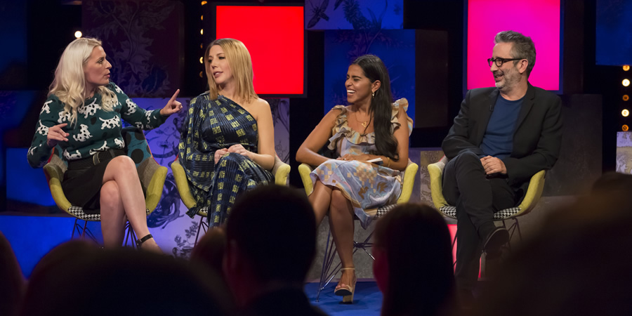 Frankie Boyle's New World Order. Image shows from L to R: Sara Pascoe, Katherine Ryan, Mona Chalabi, David Baddiel. Copyright: Zeppotron. Frankie Boyle's New World Order. Image shows from L to R: Sara Pascoe, Katherine Ryan, Mona Chalabi, David Baddiel. Copyright: Zeppotron.