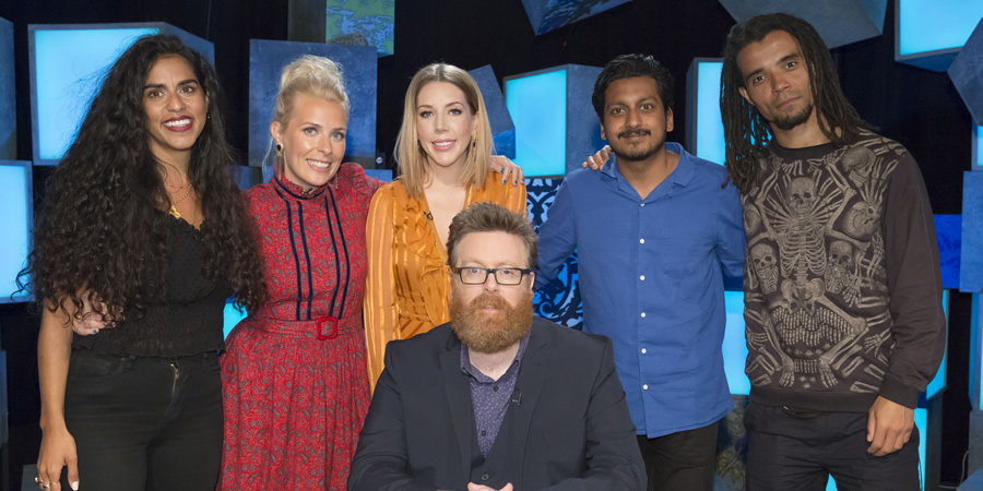 Frankie Boyle's New World Order. Image shows from L to R: Mona Chalabi, Sara Pascoe, Katherine Ryan, Frankie Boyle, Ahir Shah, Akala. Copyright: Zeppotron. Frankie Boyle's New World Order. Image shows from L to R: Mona Chalabi, Sara Pascoe, Katherine Ryan, Frankie Boyle, Ahir Shah, Akala. Copyright: Zeppotron.