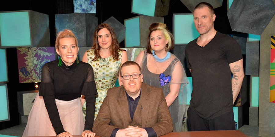 Frankie Boyle's New World Order. Image shows from L to R: Sara Pascoe, Lucy Prebble, Frankie Boyle, Kiri Pritchard-McLean, Jason Williamson. Copyright: Zeppotron. Frankie Boyle's New World Order. Image shows from L to R: Sara Pascoe, Lucy Prebble, Frankie Boyle, Kiri Pritchard-McLean, Jason Williamson. Copyright: Zeppotron.
