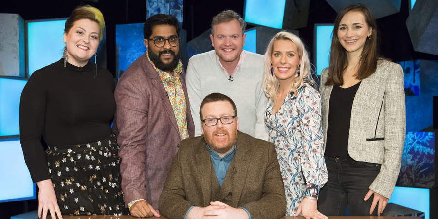 Frankie Boyle's New World Order. Image shows from L to R: Kiri Pritchard-McLean, Eshaan Akbar, Frankie Boyle, Miles Jupp, Sara Pascoe, Grace Blakeley. Copyright: Zeppotron. Frankie Boyle's New World Order. Image shows from L to R: Kiri Pritchard-McLean, Eshaan Akbar, Frankie Boyle, Miles Jupp, Sara Pascoe, Grace Blakeley. Copyright: Zeppotron.