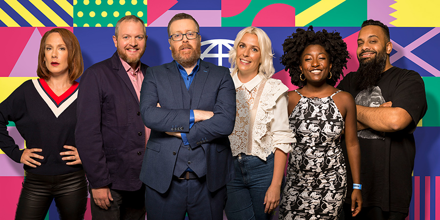Frankie Boyle's New World Order. Image shows from L to R: Sara Barron, Miles Jupp, Frankie Boyle, Sara Pascoe, Sophie Duker, Guz Khan. Copyright: Zeppotron. Frankie Boyle's New World Order. Image shows from L to R: Sara Barron, Miles Jupp, Frankie Boyle, Sara Pascoe, Sophie Duker, Guz Khan. Copyright: Zeppotron.