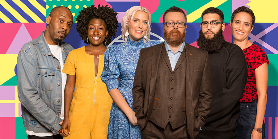 Frankie Boyle's New World Order. Image shows from L to R: Dane Baptiste, Sophie Duker, Sara Pascoe, Frankie Boyle, Jamali Maddix, Jen Brister. Copyright: Zeppotron. Frankie Boyle's New World Order. Image shows from L to R: Dane Baptiste, Sophie Duker, Sara Pascoe, Frankie Boyle, Jamali Maddix, Jen Brister. Copyright: Zeppotron.