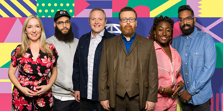 Frankie Boyle's New World Order. Image shows from L to R: Victoria Coren Mitchell, Jamali Maddix, Miles Jupp, Frankie Boyle, Sophie Duker, Romesh Ranganathan. Copyright: Zeppotron. Frankie Boyle's New World Order. Image shows from L to R: Victoria Coren Mitchell, Jamali Maddix, Miles Jupp, Frankie Boyle, Sophie Duker, Romesh Ranganathan. Copyright: Zeppotron.